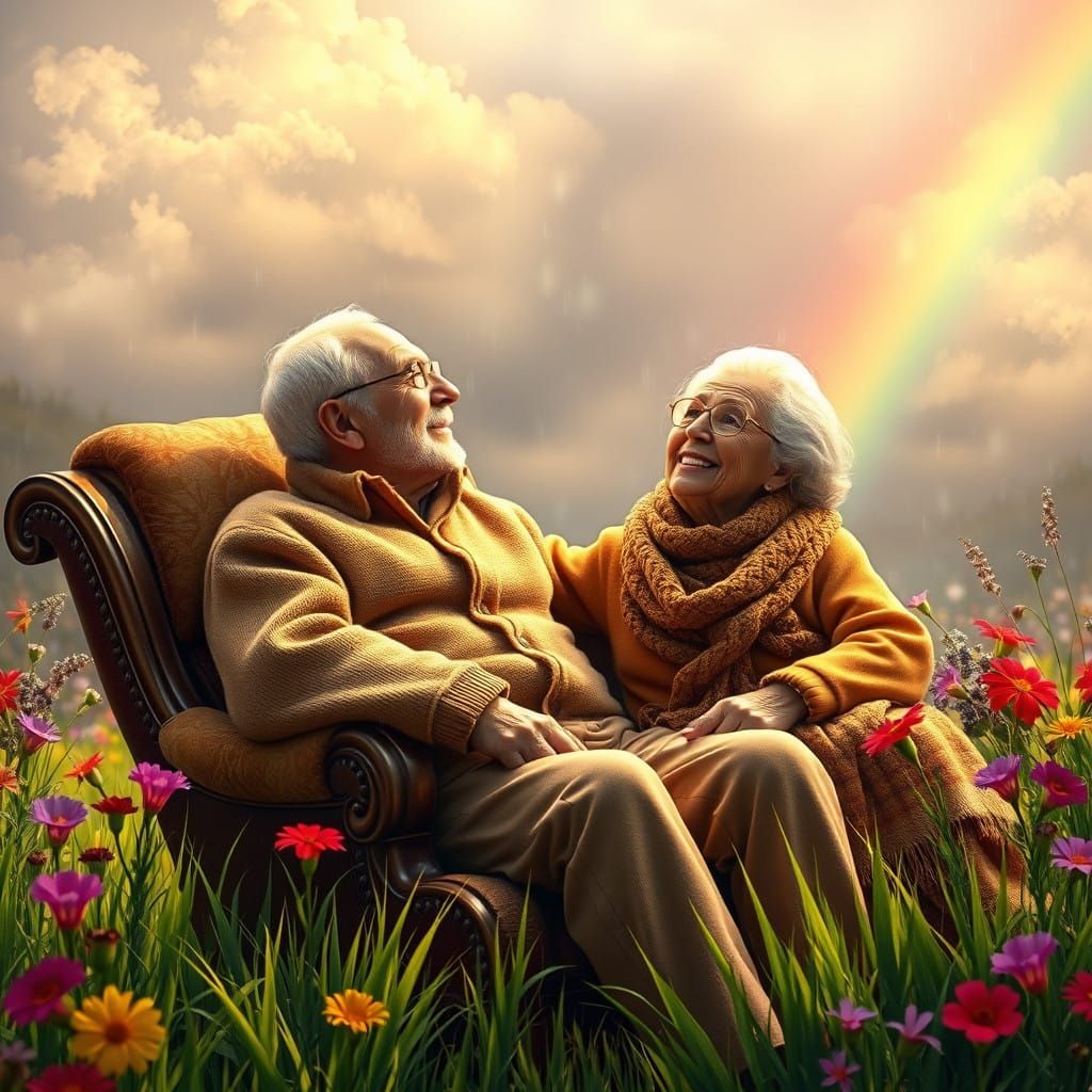 Elderly Couple in Serene, Natural Setting, Gazing at Rainbow