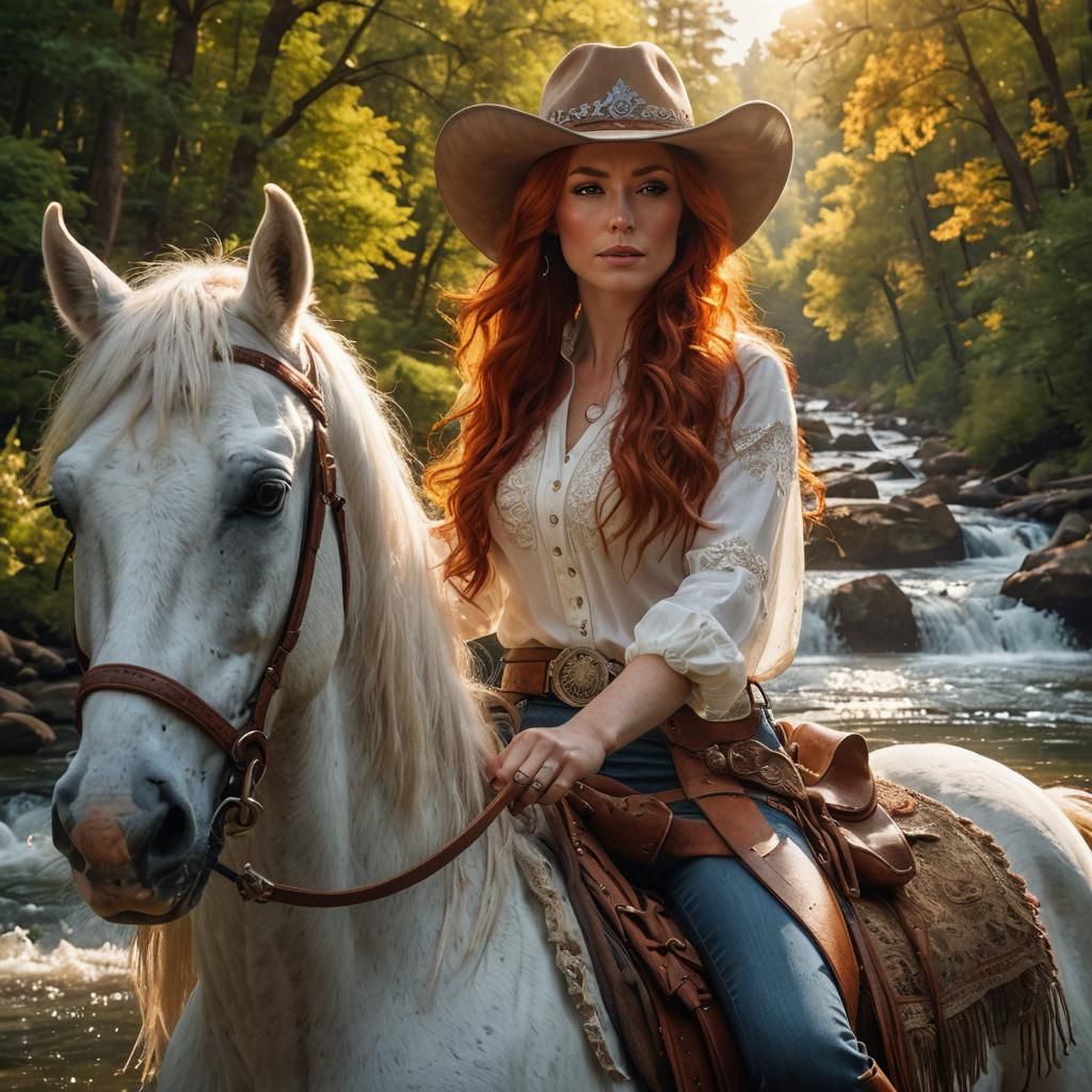 Woman Riding White Horse by River in Sunlight