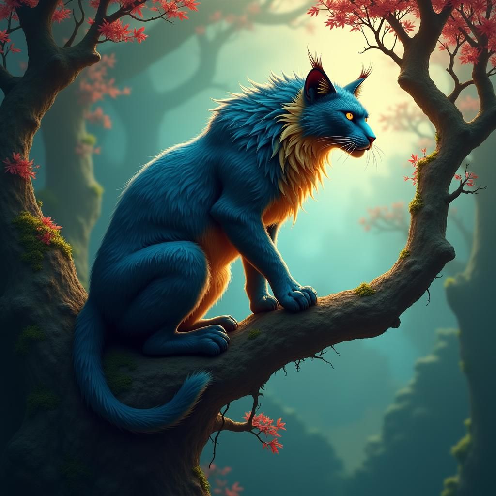 Mystical Feline Warrior in Lush Forest