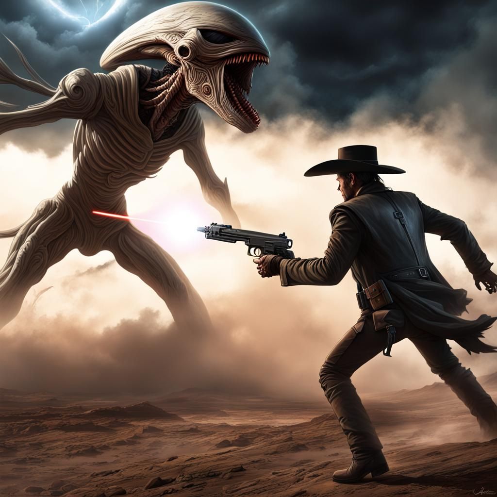 A western style gunfighter battling a malevolent extraterres...