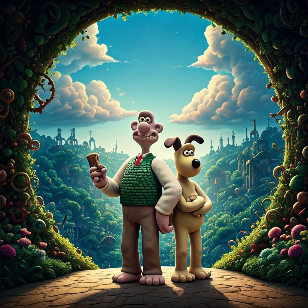 Wallace and Gromit in a Fantastical Steampunk Wonderland