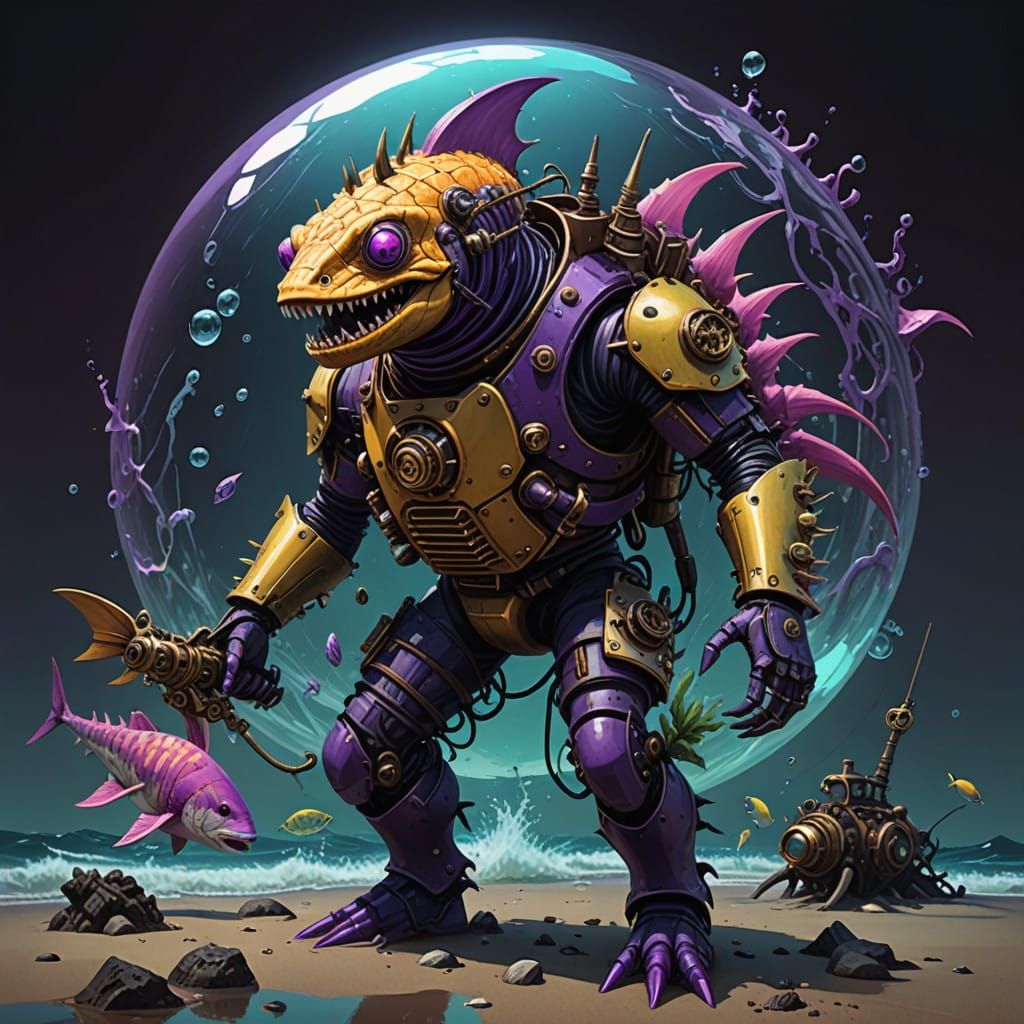 Steampunk Pineapple Creature Rides Shark in Eerie Underwater...