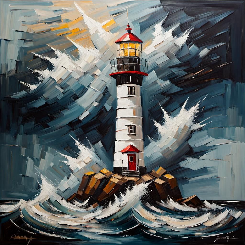 Dramatic Lighthouse Impasto Oil Painting