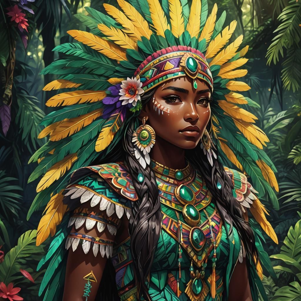 Aztec Anime Girl in Mystical Jungle, Cel-Shaded Style