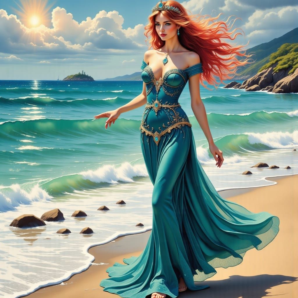 Magenta Princess on the Beach in Art Nouveau Style