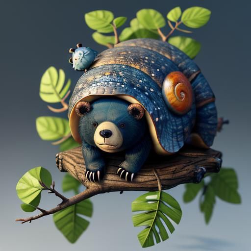 Adorable 3D Bear Snail Hybrid on Branch