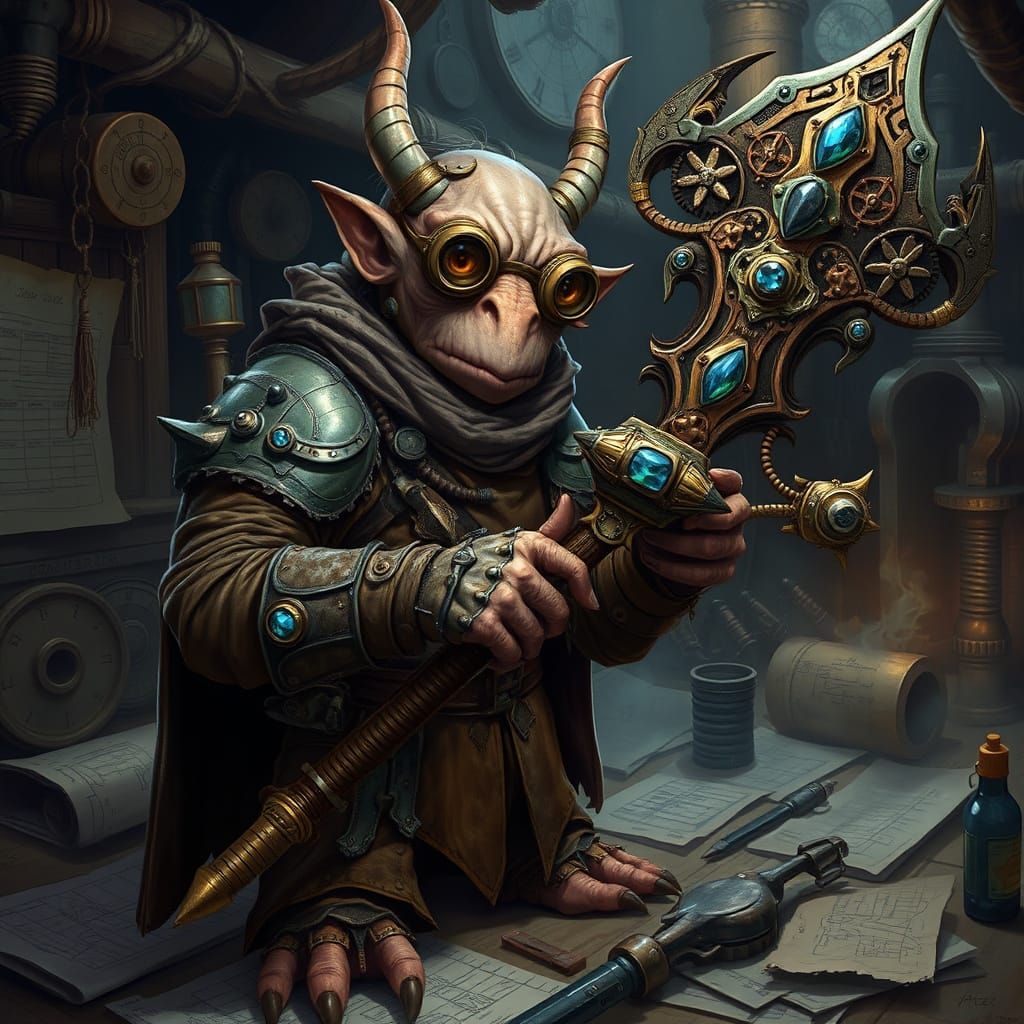A hobgoblin artificer with a giant multi-tool war-staff.