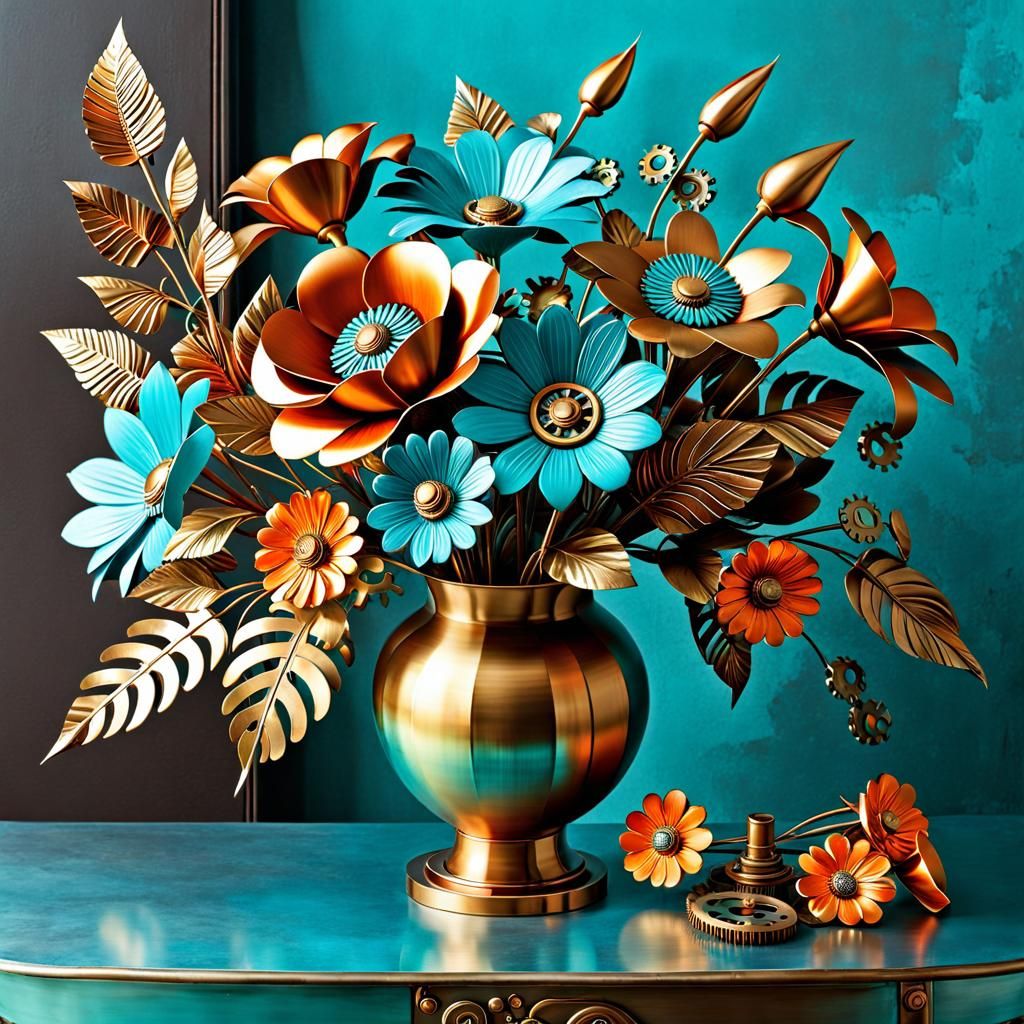 Steampunk Metal Flowers in Turquoise Bronze Vase