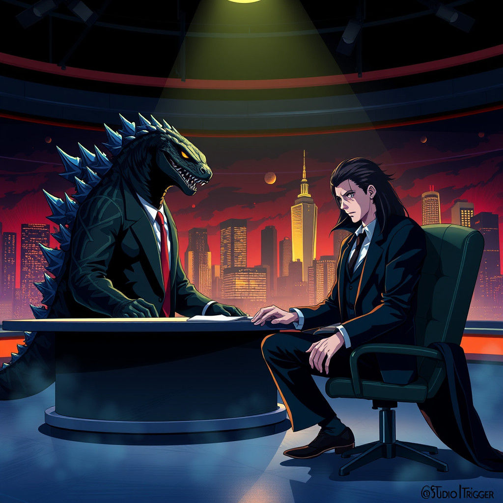 Godzilla Interviews Dracula in Anime Style