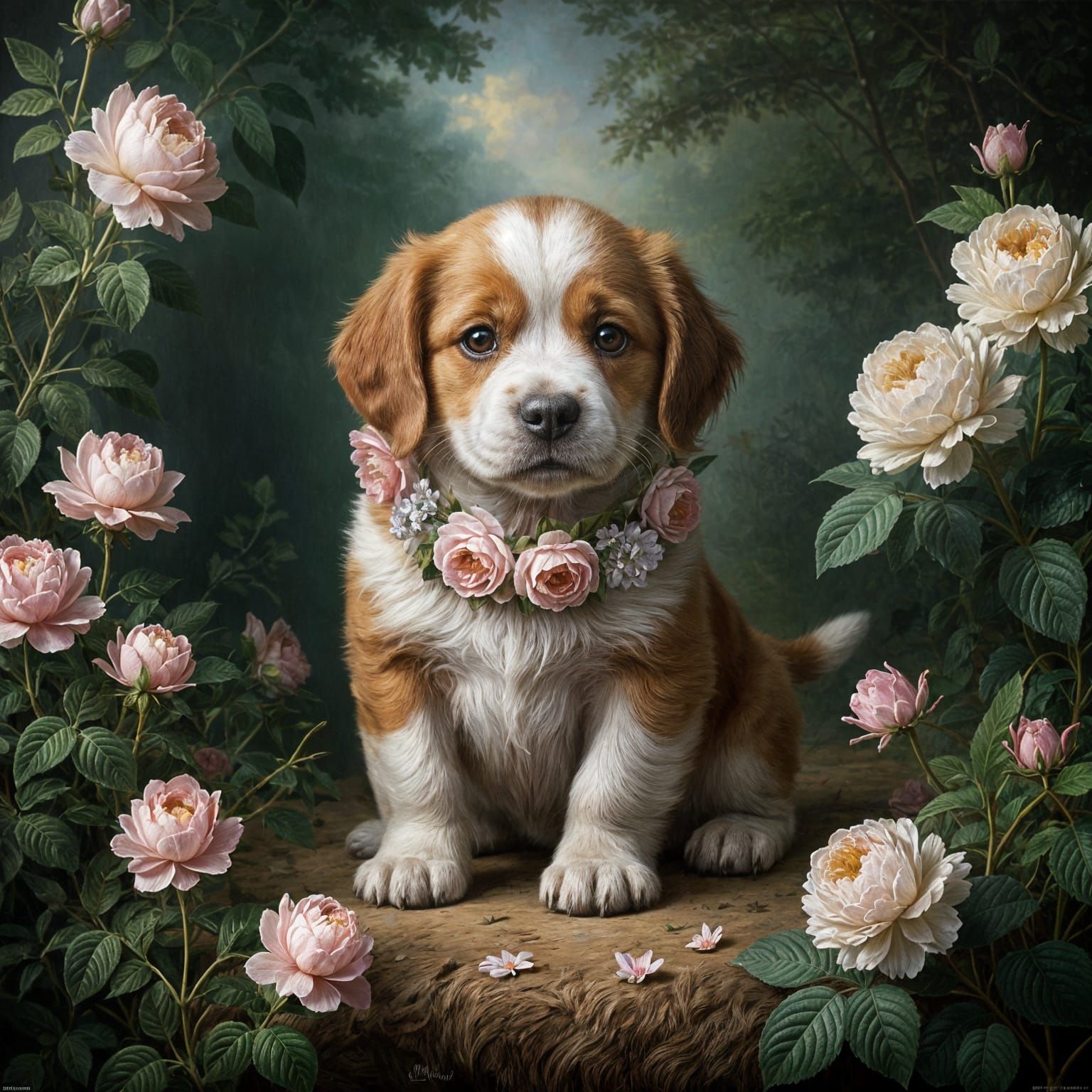 Romantic Puppy in Rococo Oil Painting