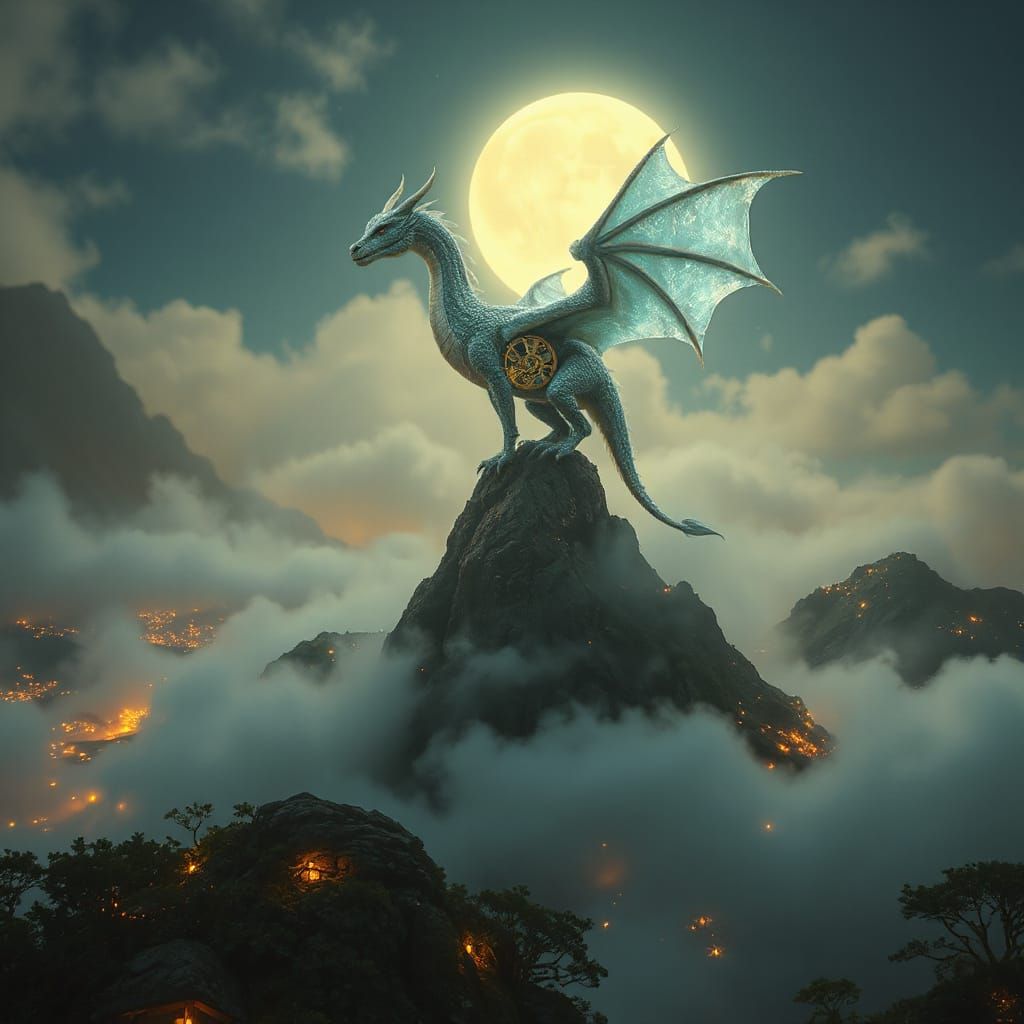 Moonlight Clockwork Dragon on Misty Mountain Peak