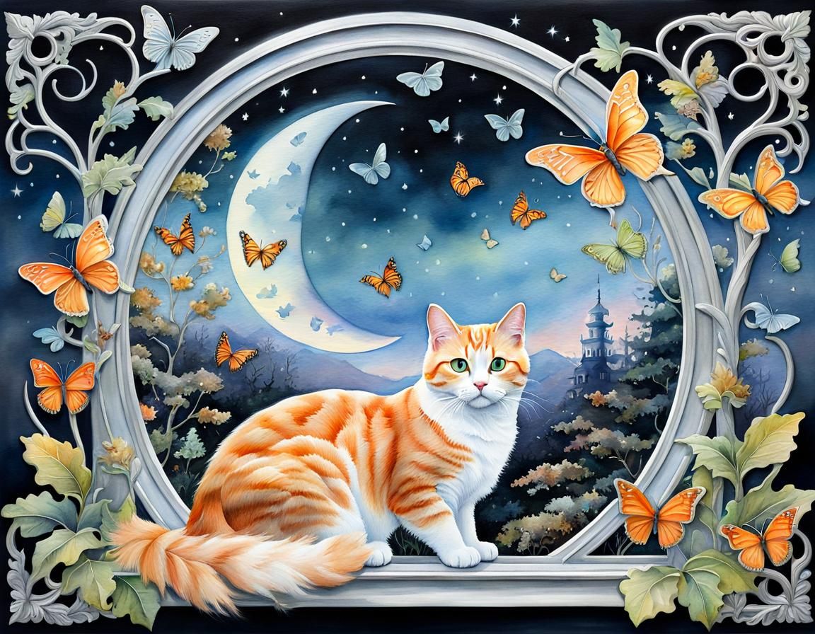 Surreal Cat in Ethereal Watercolor Landscape