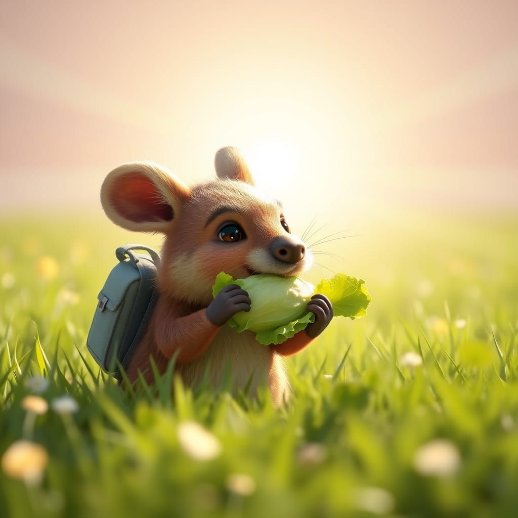 Cheerful Quokka Eating Lettuce: 3D Digital Art