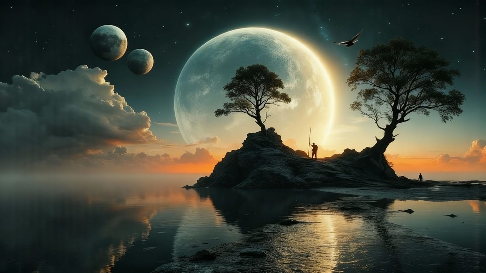 Surreal Moonlit Landscape with Fisherman and Planets