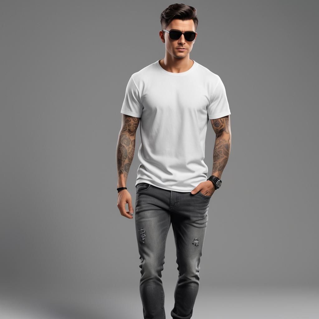 Stylish Tattooed Man in White T-Shirt: 3D Digital Art