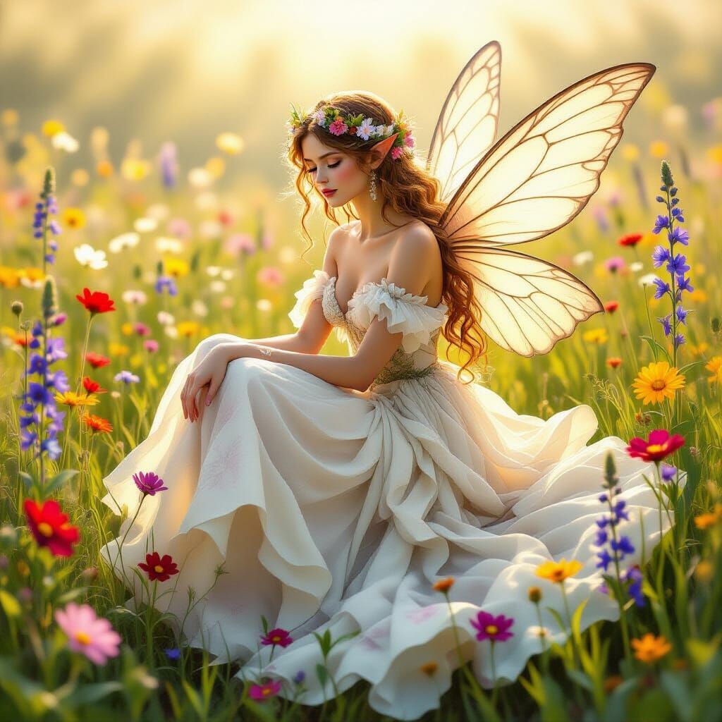 Ethereal Fairy Basking in Sunlight Amidst Wildflowers