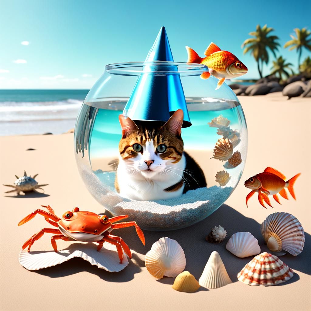 Cartoon Beach Scene with Goldfish and Cat-Crab