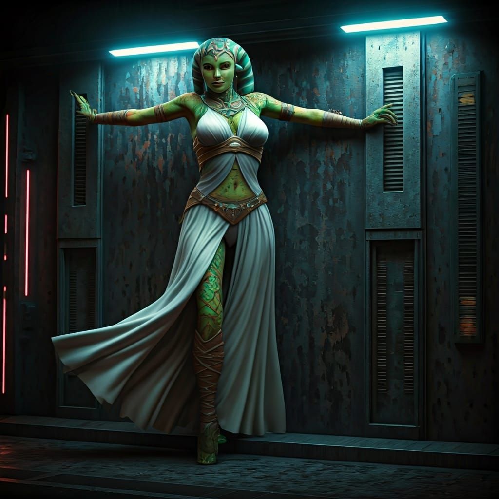Twi'lek Dancer in Sci-Fi Cityscape