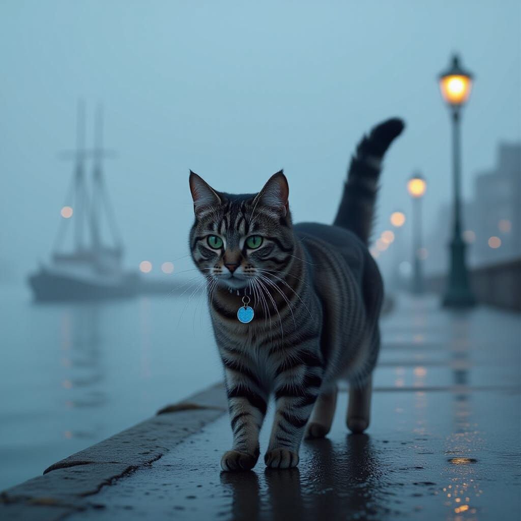Foggy Harbor Cat Walk in Cinematic Style