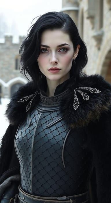 Fantasy Female Warrior in Snow-Covered Courtyard