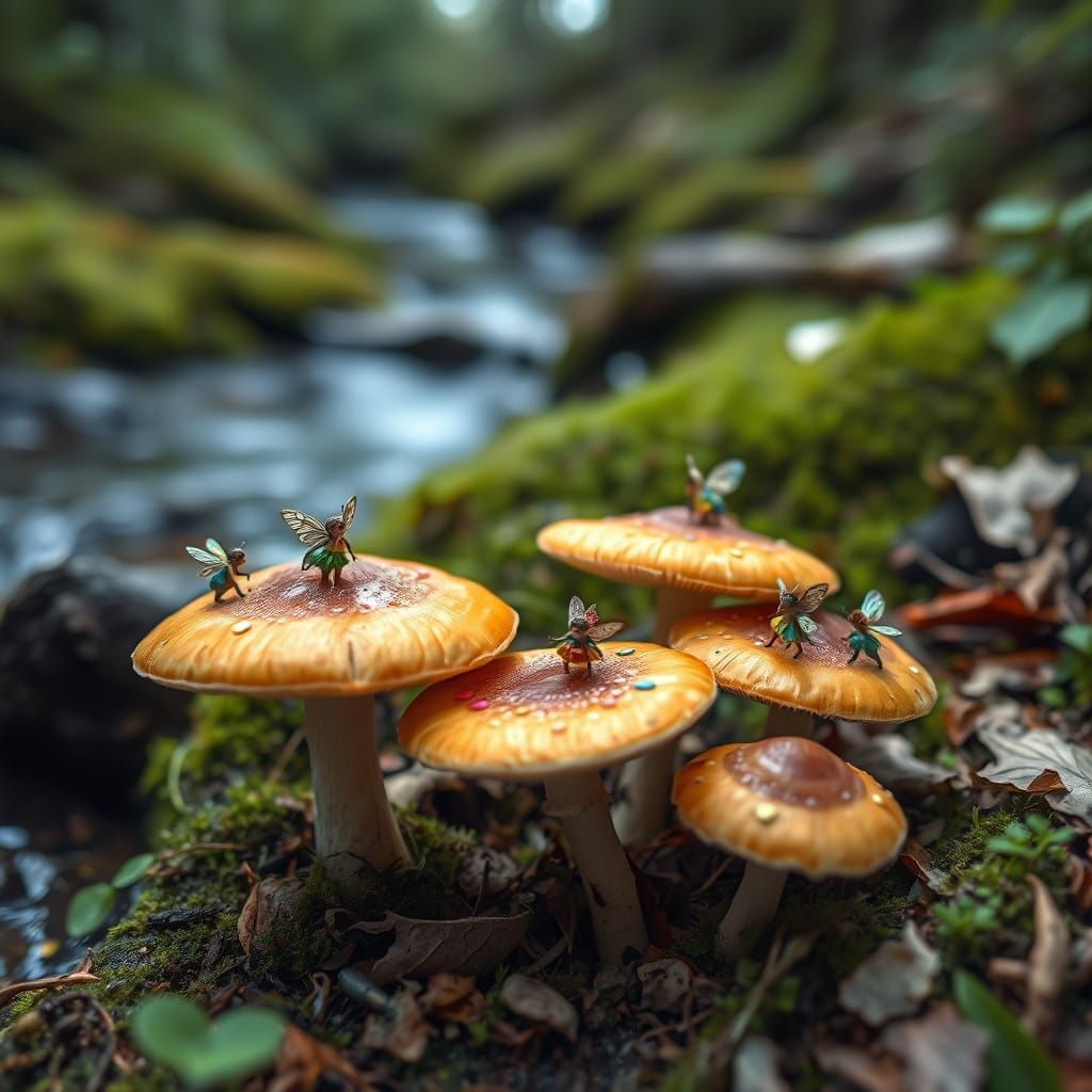 Whimsical Forest Scene with Fairies and Mushrooms