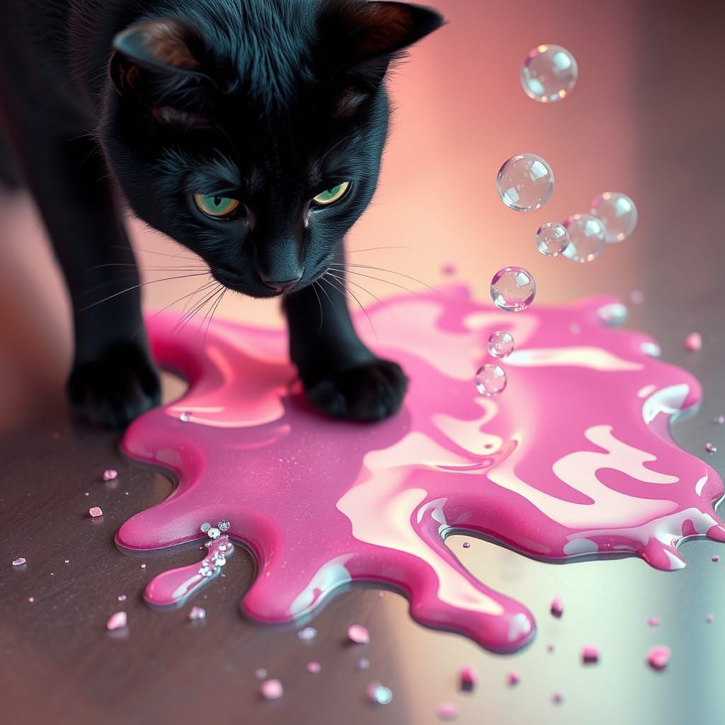 A Curious Cat Amidst Magical Bubbles and Goo