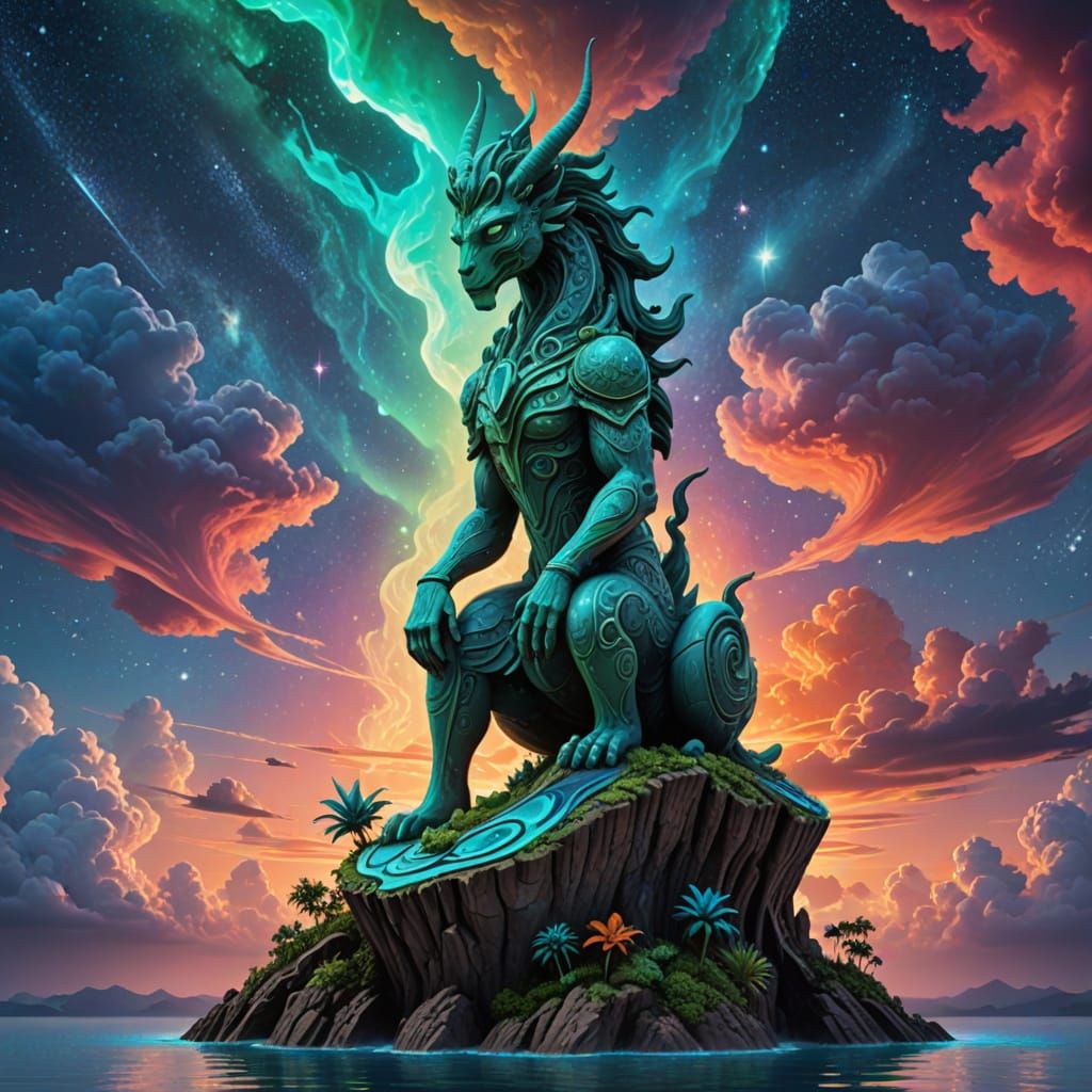 Mythical Starlight Statue on Floating Island in Alien Sky