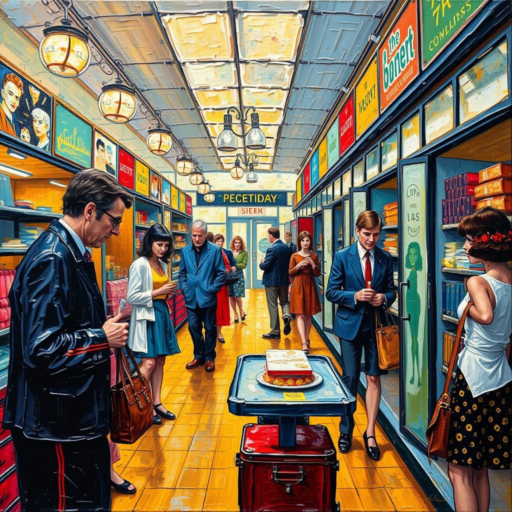 Comedic 1970s Department Store in Neo-Impressionist Style