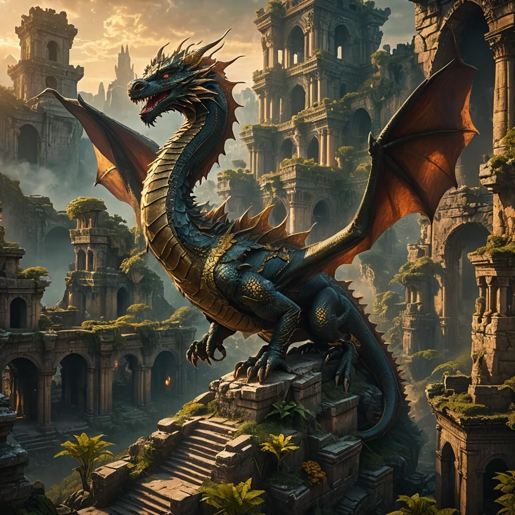 Regal Dragon in Ancient Ruins Digital Matte Painting
