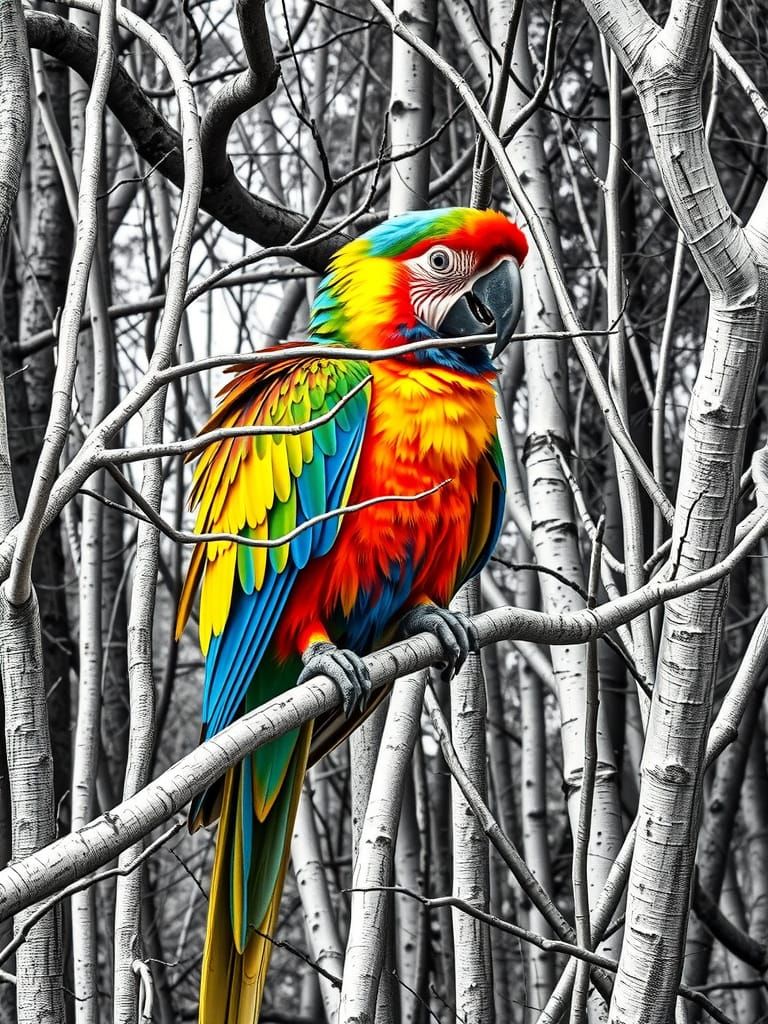 A portrait of a rainbow colured parrot in a Black white forest
4k resolution