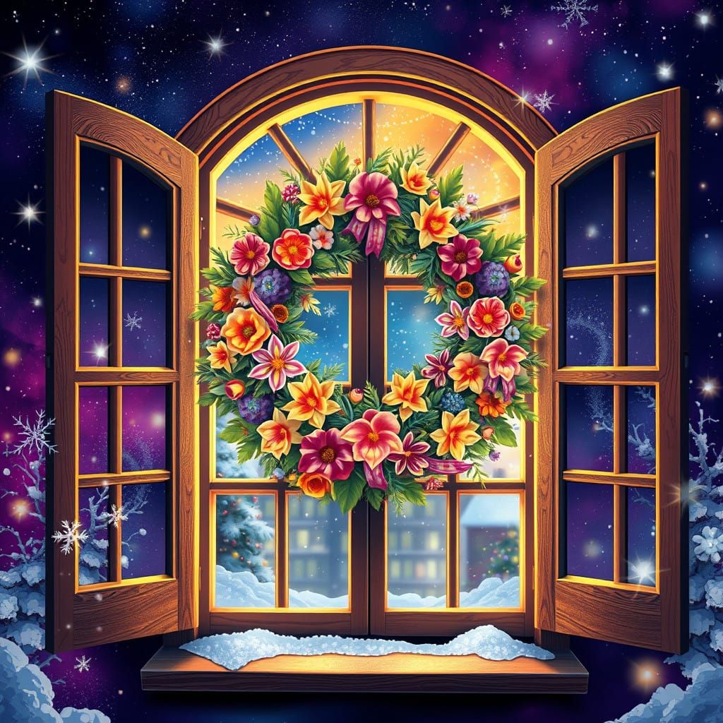Cosmic Winter Wreath in Vibrant Holographic Style