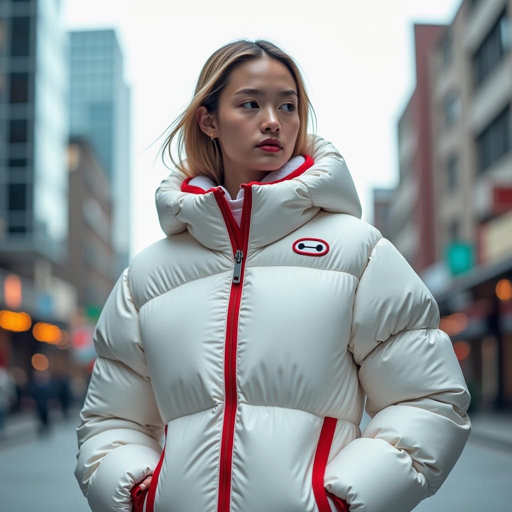 Baymax Puffer Jacket in Futuristic Cityscape