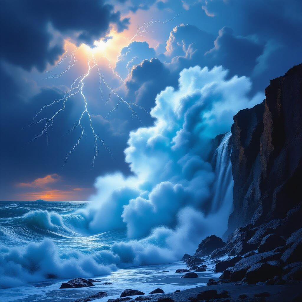 Colossal Wave Crashing on Jagged Cliff Under Stormy Cosmic S...