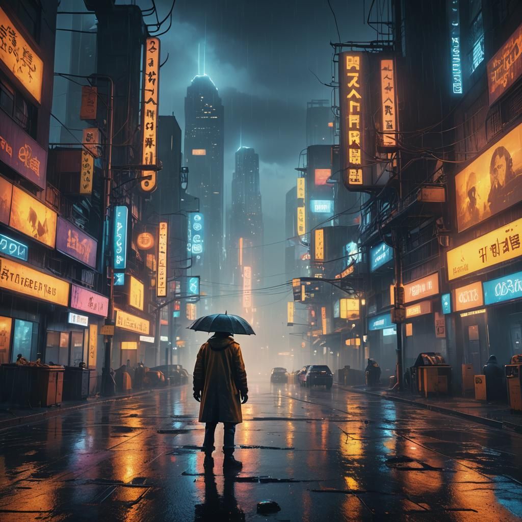 Replicant in Rainy Neon City: Cyberpunk Art