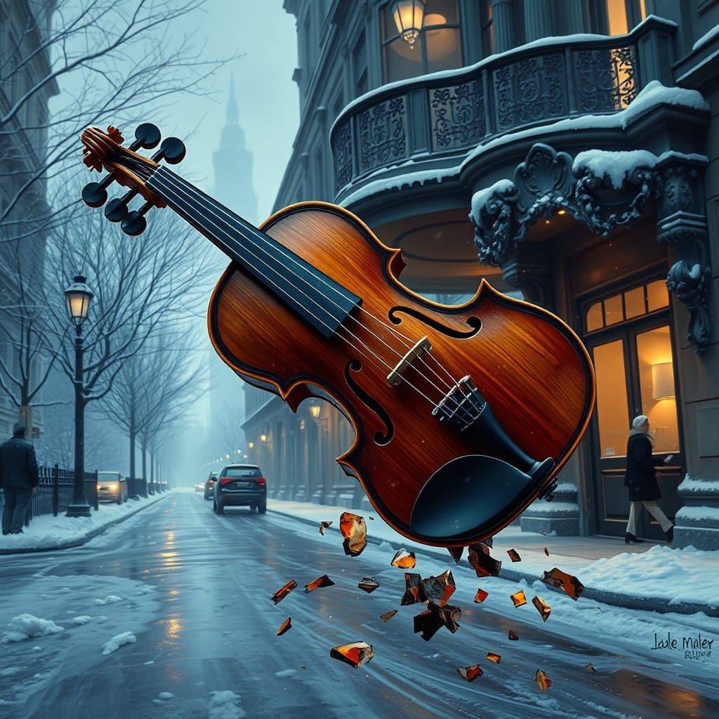 Luxurious Violin Shatters on Frosty Street in a Desolate Win...