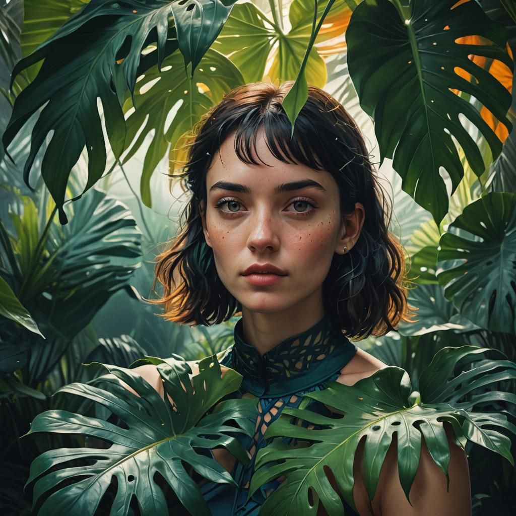 Girl Among Giant Monstera Leaves: Digital Matte Painting
