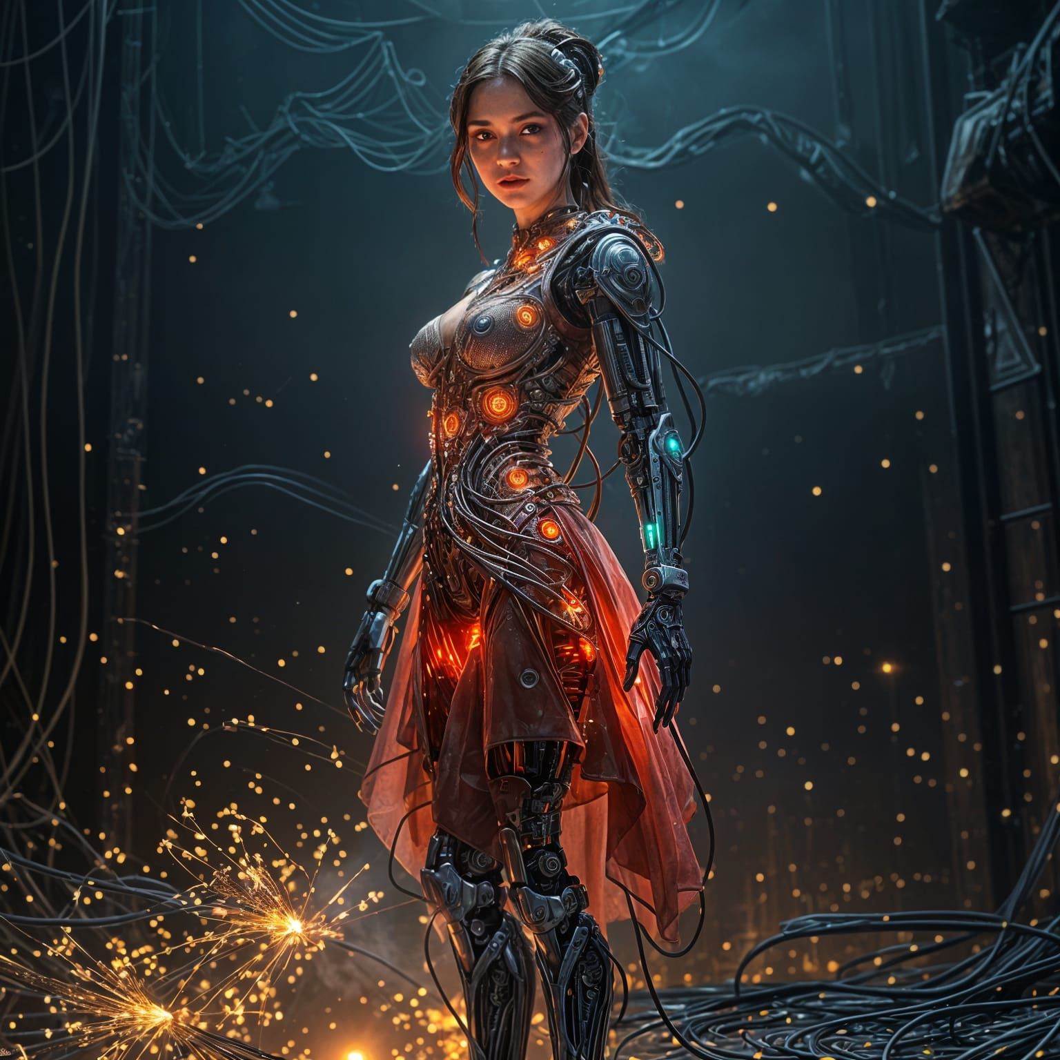 Hyperrealistic Woman Robot in Dystopian Laboratory