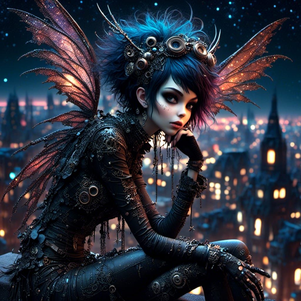 Cyberpunk Pixie on Rooftop Gazing at Stars