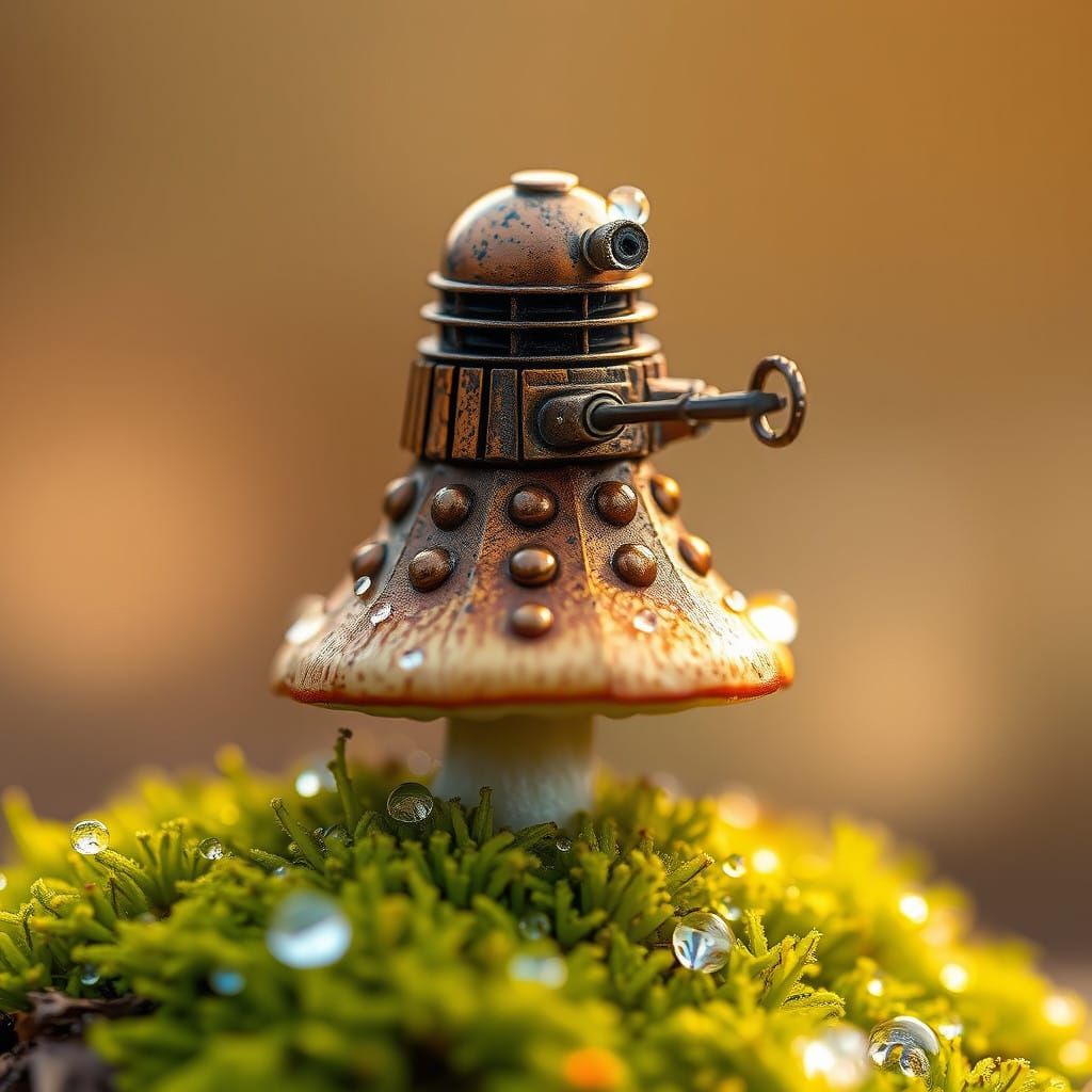 Whimsical Dalek Perches on a Vibrant Mushroom