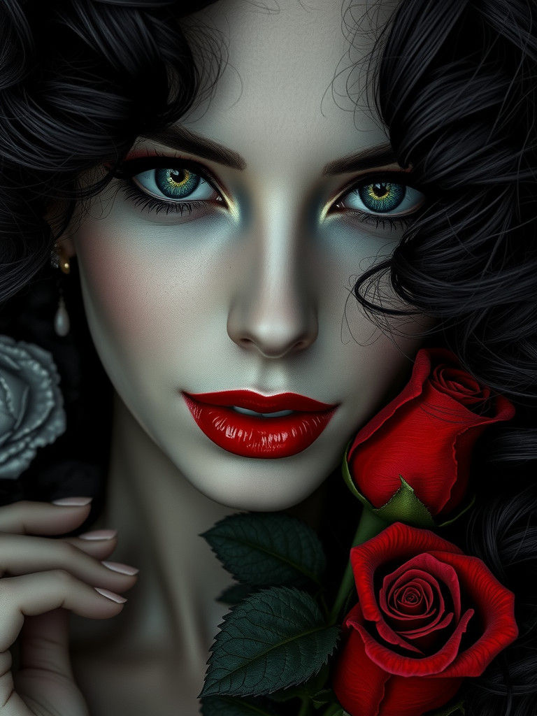 Monochrome Portrait of Woman with Rose, Matte Painting Style