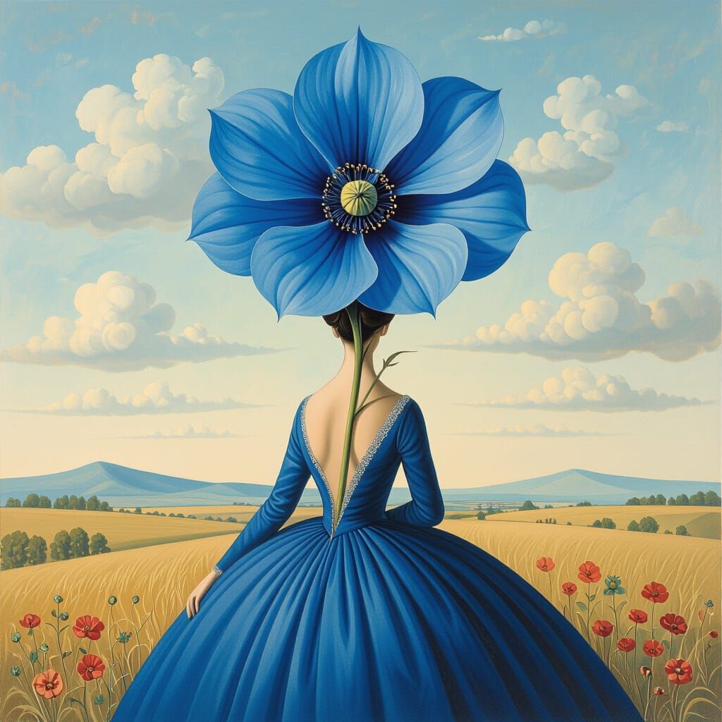 Woman with Poppy Head in Surrealist Style