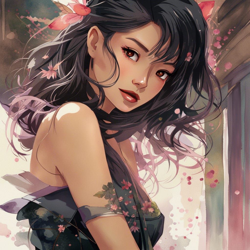 Watercolor Portrait of a Beautiful Japanese Girl