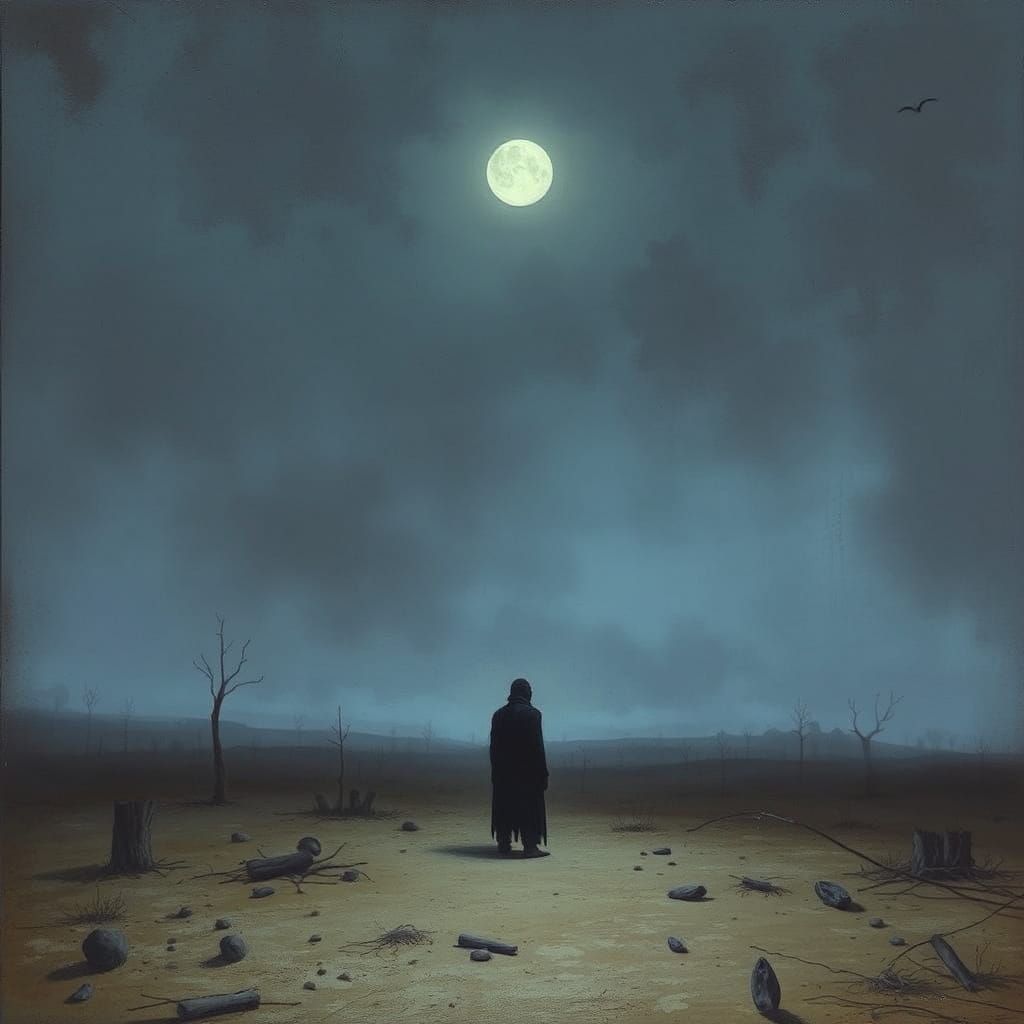 Melancholic Figure in Desolate Landscape, Surreal Art