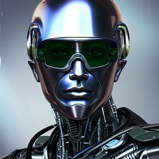 Cyberpunk Robot with Human Face in Metallic Detail