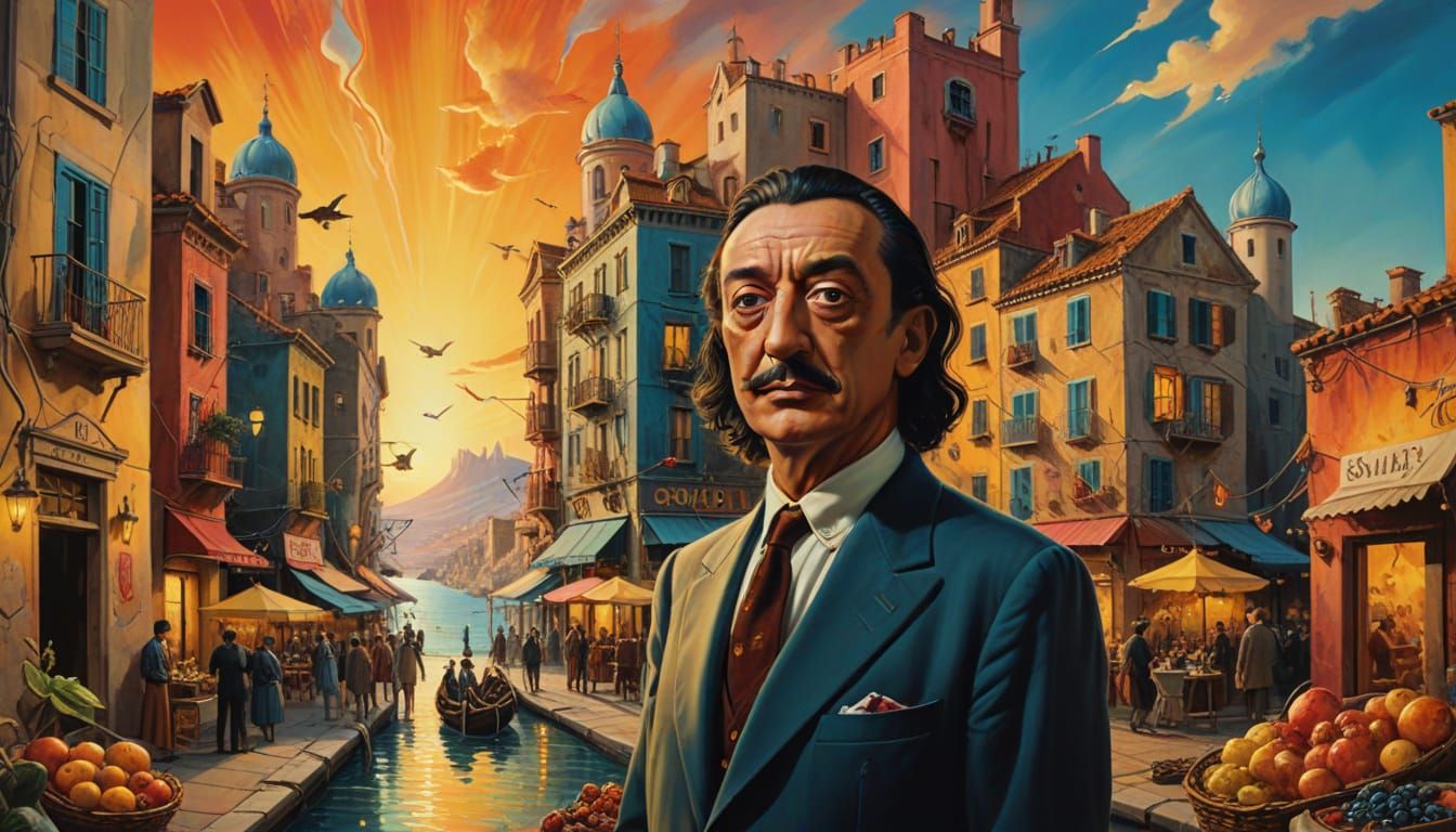 Surrealist Cityscape with Markets as Oil Painting