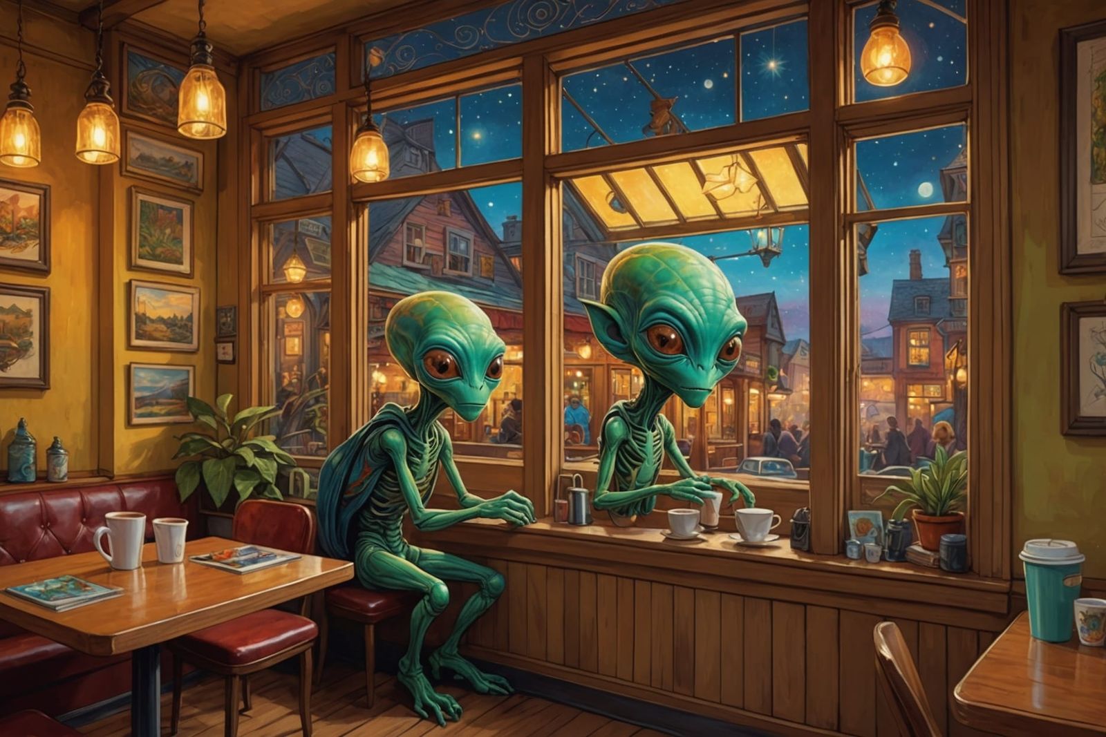 Cozy Coffee Shop with Alien Visitor, Digital Art