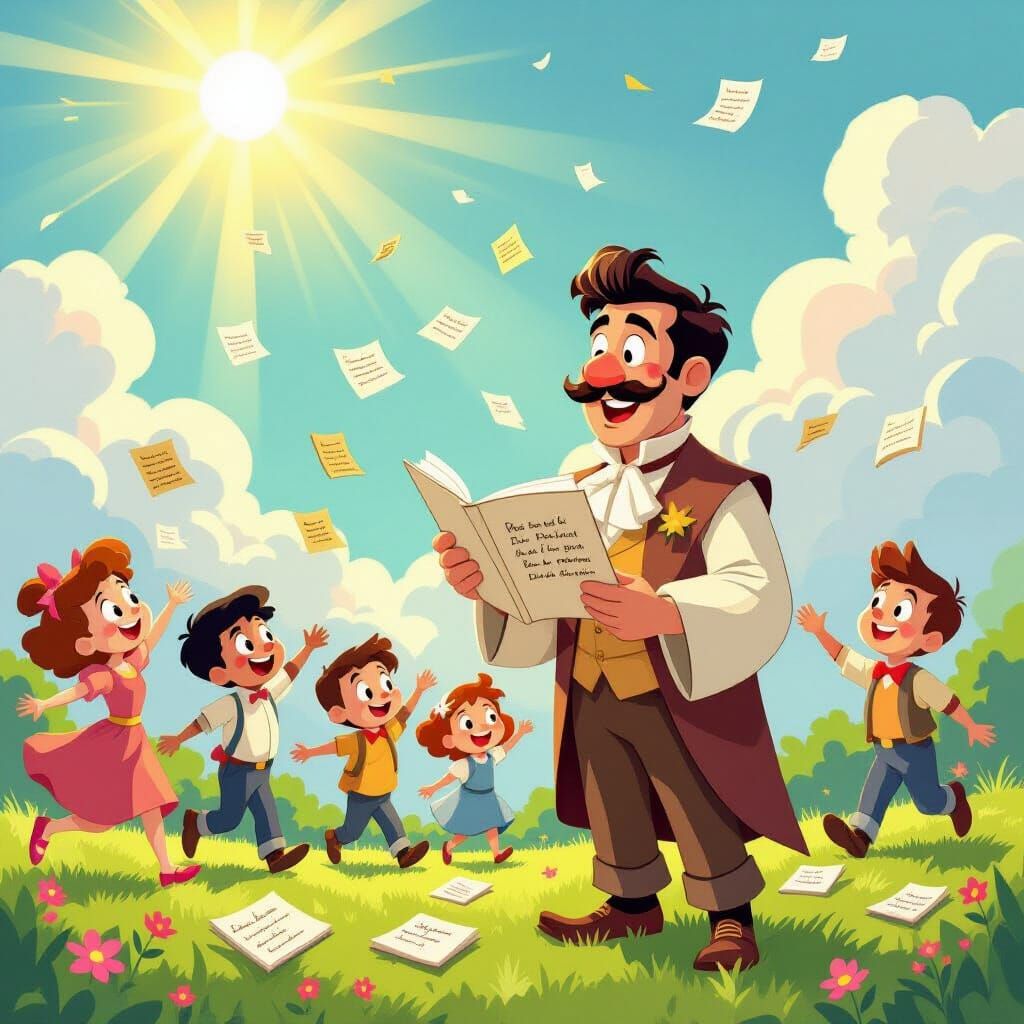 Cartoon Poet Reading Poems in Miyazaki Style