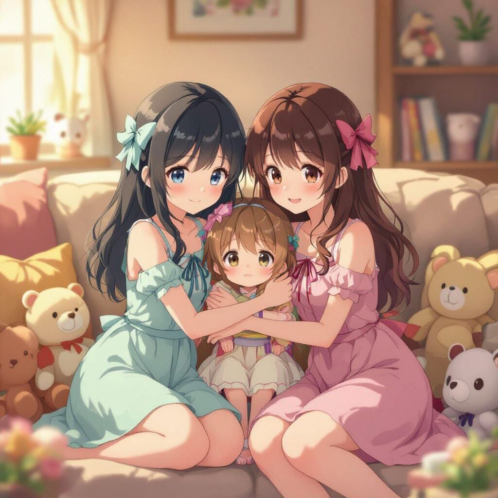 Anime Girls Hugging on Cozy Couch in Anime Style