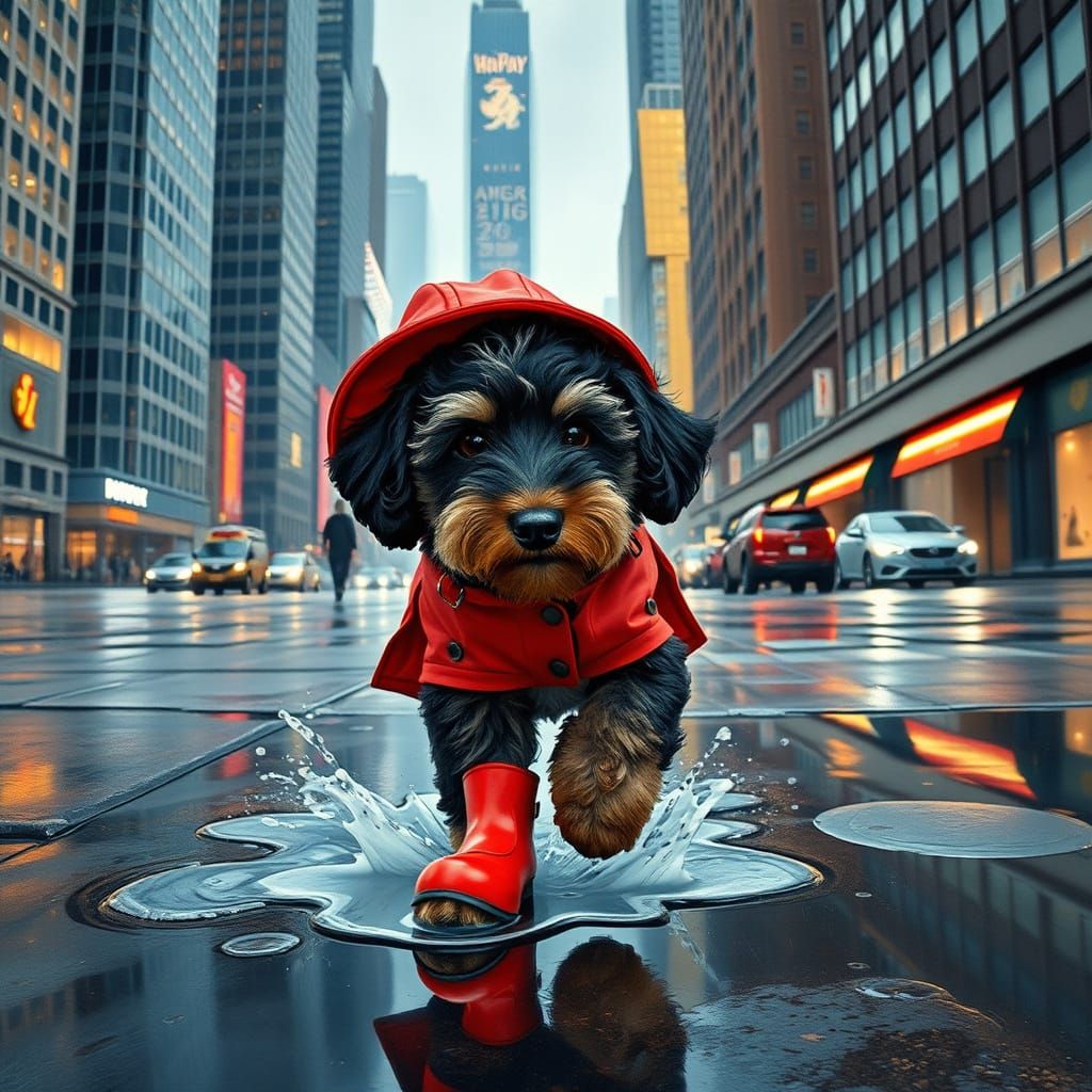 Mini Bernedoodle Brings Whimsy to Rainy City Streets