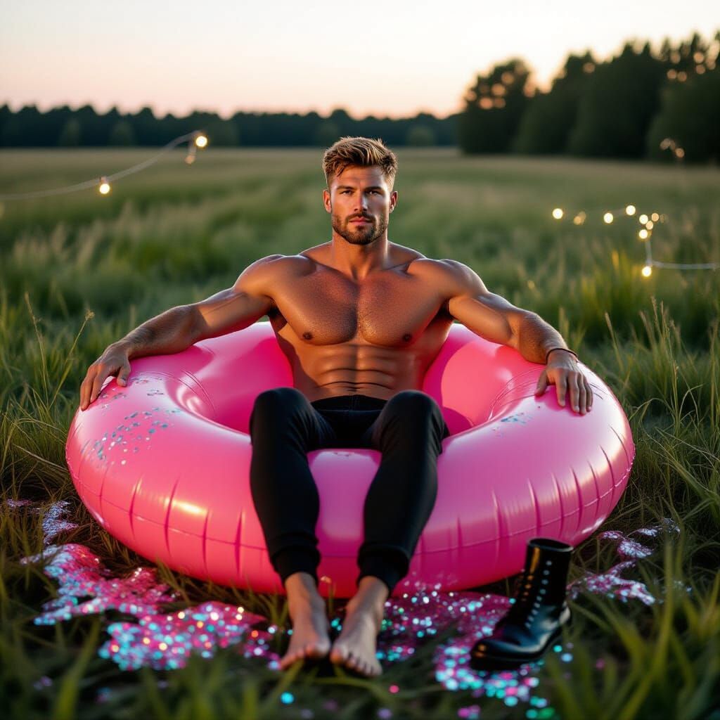 Muscular Man Emerges from Flamingo in Surreal Dawn